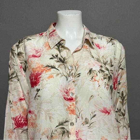 J.Jill Cotton | Silk Floral Button Front Shirt Sz-Large