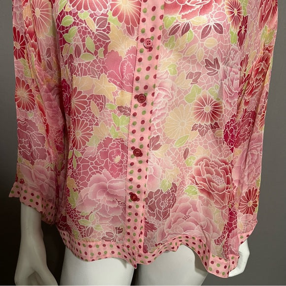 Spenser Jeremy Pink Artsy Sheer 100% Silk Blouse Sz-XL