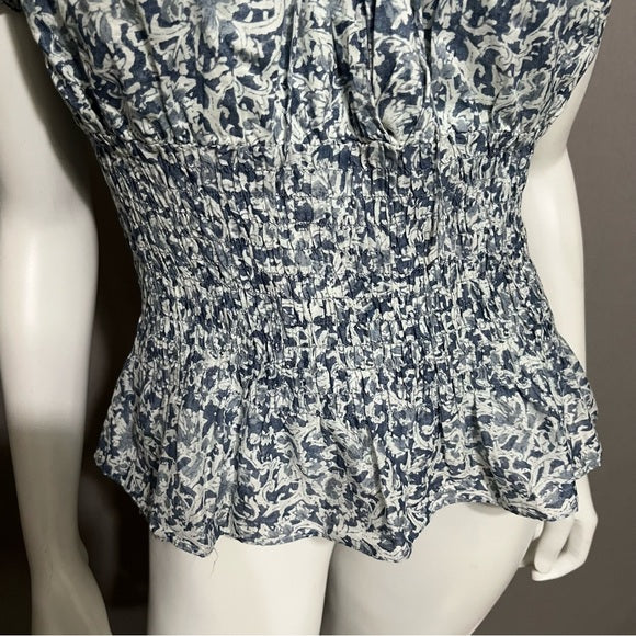 Lauren Ralph Lauren Blue Gathered 100% Cotton Floral Shirt Sz-Medium