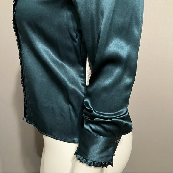 Kate Hill Emerald Green Ruffle 100% Silk Blouse Sz-14