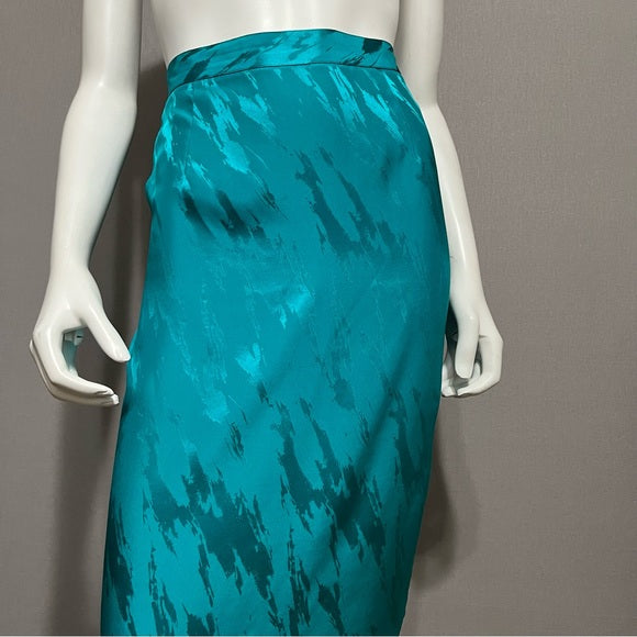 Vintage 100% Silk Pencil Green Turquoise Skirt Sz-10