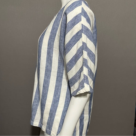 Caslon Blue | White 100% Linen Striped V-Neck Top Sz-Medium