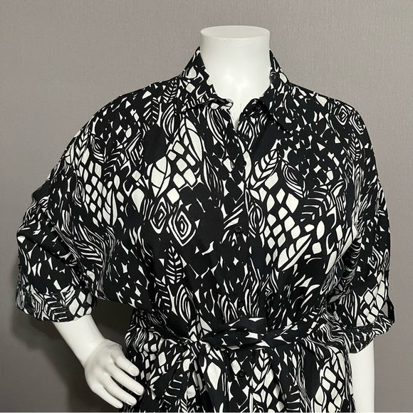 East 5th Black & White Artsy Printed Linen Blend Tie Waist Shirt Sz-2X