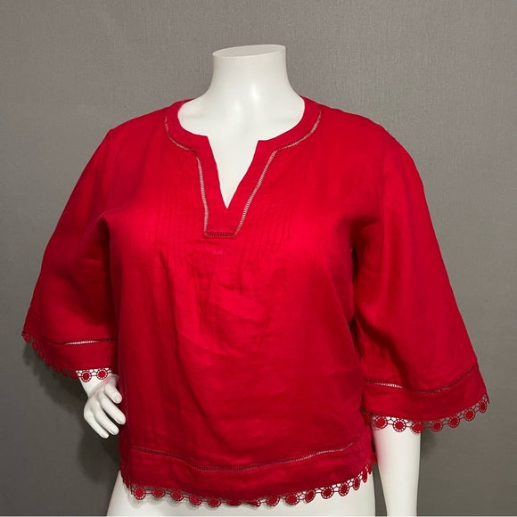 Lauren Ralph Lauren Red 100% Tunic Linen With Embellished Trim Top Size - XL