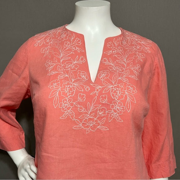 Jones New York Peach 100% Linen Tunic Embroidered Top Size - 1X