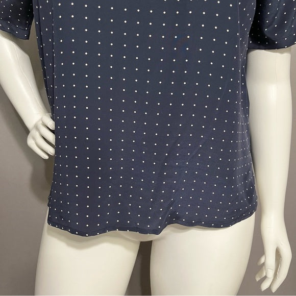 Nora Noh Navy 100% Silk Polka Dot Short Sleeve Blouse Sz-XL