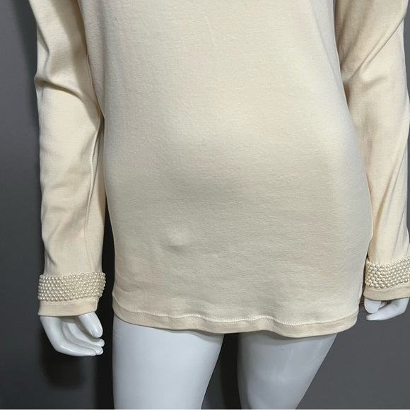 Newport News 100% Cotton Cream Long Sleeve Pearl Cuff Sleeve Sz-Large