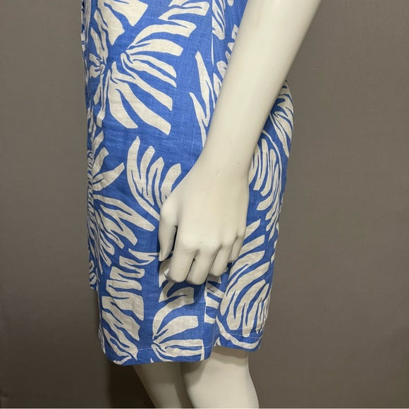 Island Company Tropical Print Blue &amp; White Sleeveless 100% Linen Dress Sz-Medium