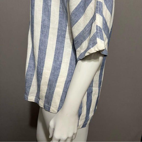 Caslon Blue | White 100% Linen Striped V-Neck Top Sz-Medium