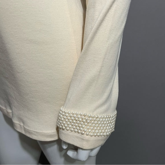 Newport News 100% Cotton Cream Long Sleeve Pearl Cuff Sleeve Sz-Large