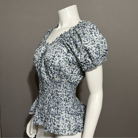 Lauren Ralph Lauren Blue Gathered 100% Cotton Floral Shirt Sz-Medium