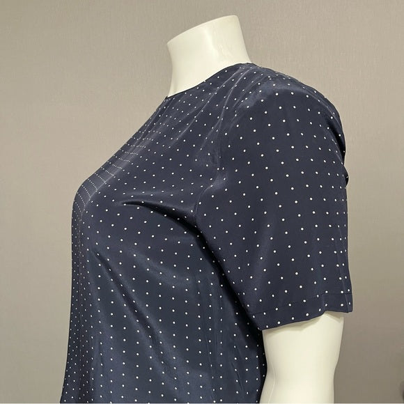 Nora Noh Navy 100% Silk Polka Dot Short Sleeve Blouse Sz-XL