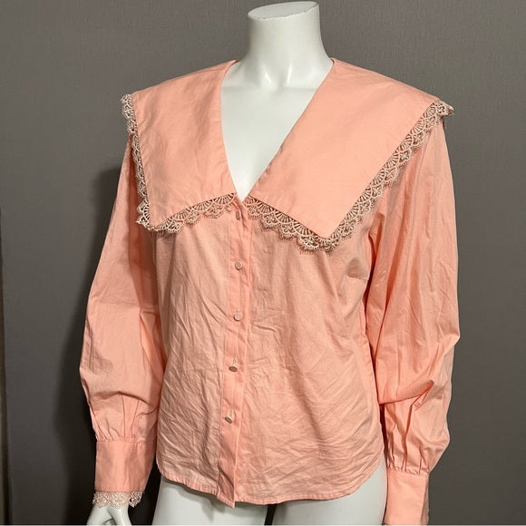 Yas Large Square Collared 100% Cotton Peach Lace Shirt Sz-Large