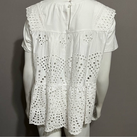 Dance & Marvel White 100% Cotton Eyelet Short Sleeve Top Sz-Medium