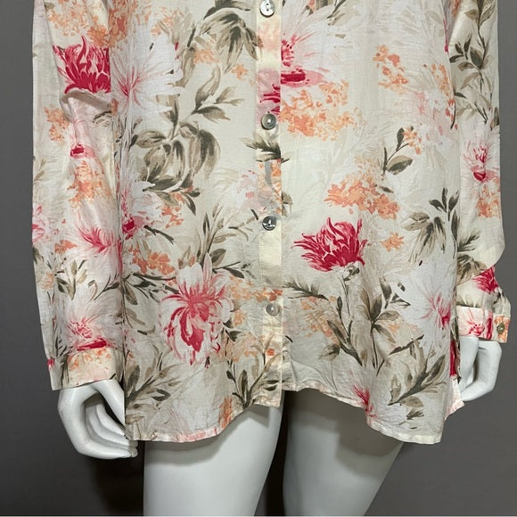 J.Jill Cotton | Silk Floral Button Front Shirt Sz-Large