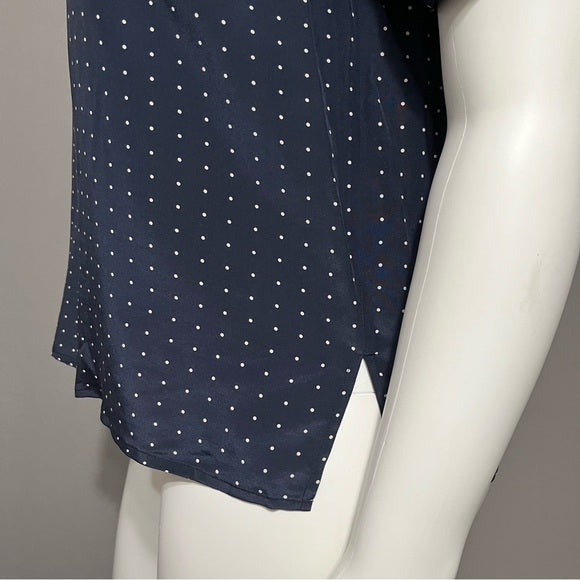 Nora Noh Navy 100% Silk Polka Dot Short Sleeve Blouse Sz-XL