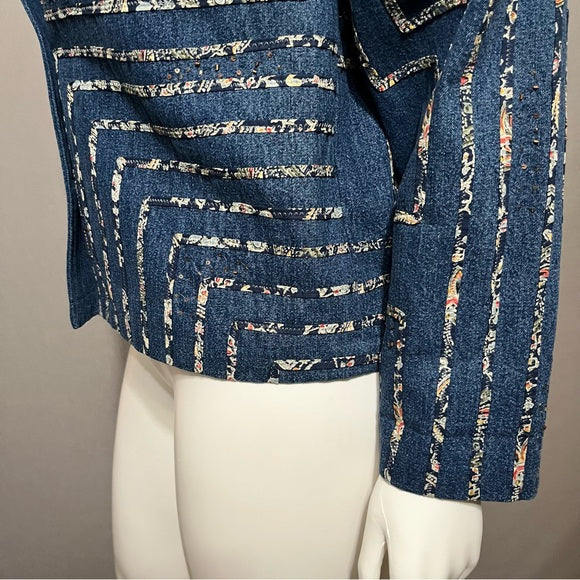 Coldwater Creek Denim Artsy Geometric Appliqué 100% Cotton Jacket Size - Large