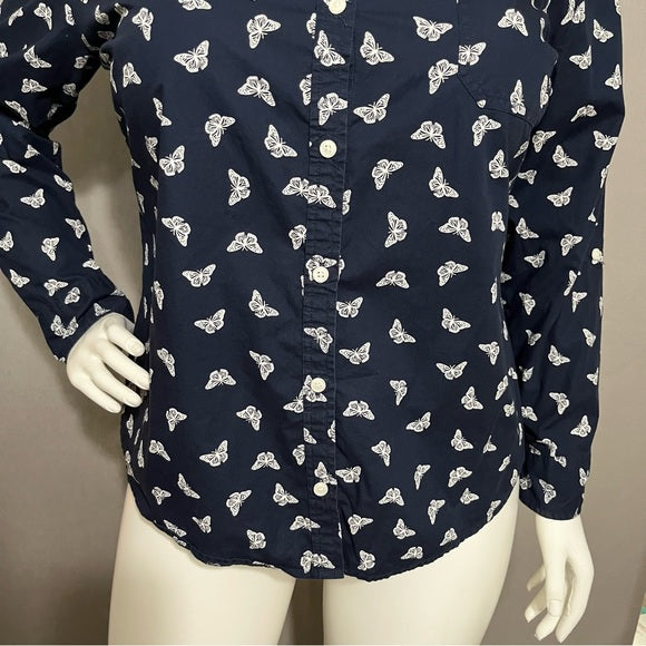 Karen Scott 100% Cotton Navy Butterfly Button Front Shirt Size Extra Large