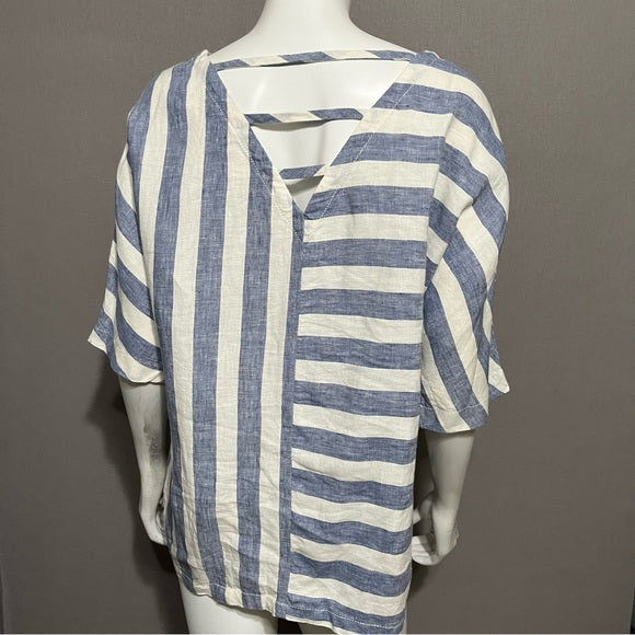 Caslon Blue | White 100% Linen Striped V-Neck Top Sz-Medium