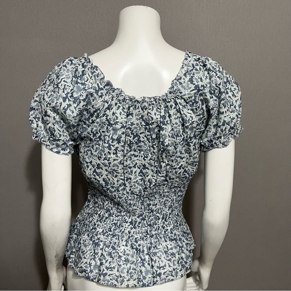 Lauren Ralph Lauren Blue Gathered 100% Cotton Floral Shirt Sz-Medium