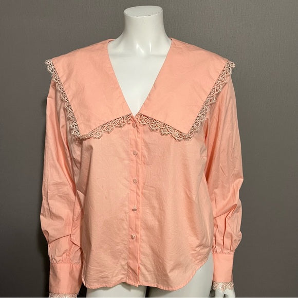 Yas Large Square Collared 100% Cotton Peach Lace Shirt Sz-Large