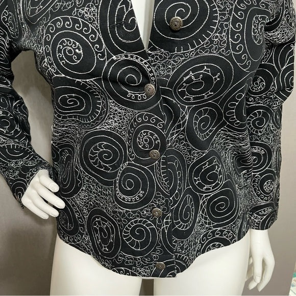 Laura Ashley Black 100% Cotton Embroidered Artsy Jacket Size - Large