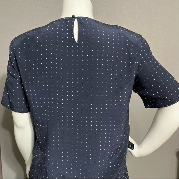 Nora Noh Navy 100% Silk Polka Dot Short Sleeve Blouse Sz-XL