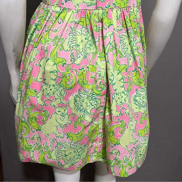 Lilly Pulitzer Pink & Green Animal Print 100% Cotton Dress Sz-2