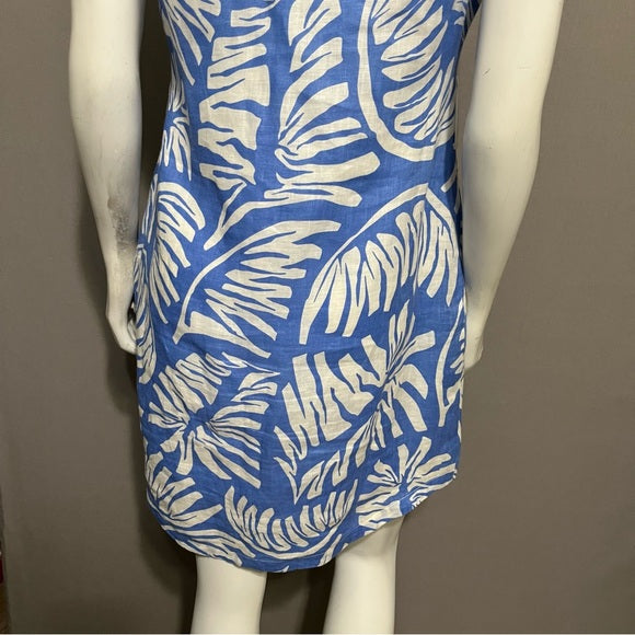 Island Company Tropical Print Blue &amp; White Sleeveless 100% Linen Dress Sz-Medium