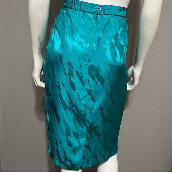 Vintage 100% Silk Pencil Green Turquoise Skirt Sz-10