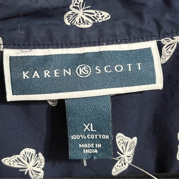 Karen Scott 100% Cotton Navy Butterfly Button Front Shirt Size Extra Large