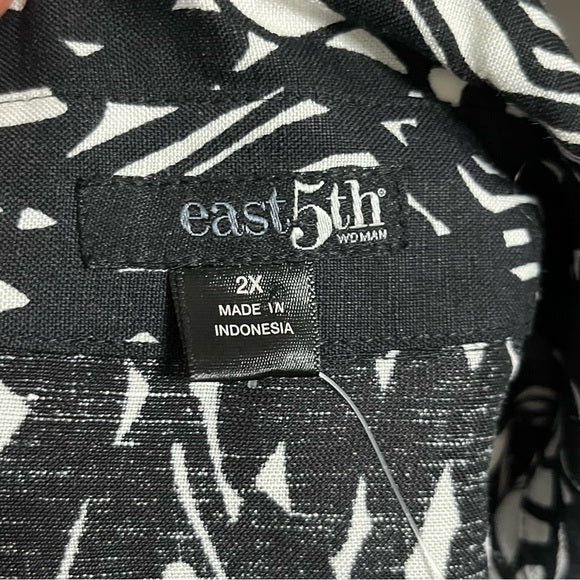 East 5th Black & White Artsy Printed Linen Blend Tie Waist Shirt Sz-2X