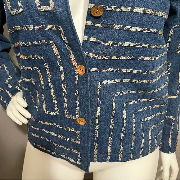 Coldwater Creek Denim Artsy Geometric Appliqué 100% Cotton Jacket Size - Large