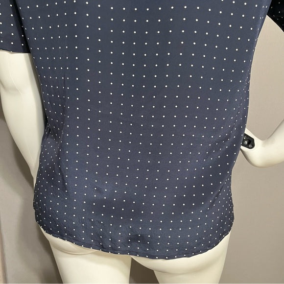 Nora Noh Navy 100% Silk Polka Dot Short Sleeve Blouse Sz-XL