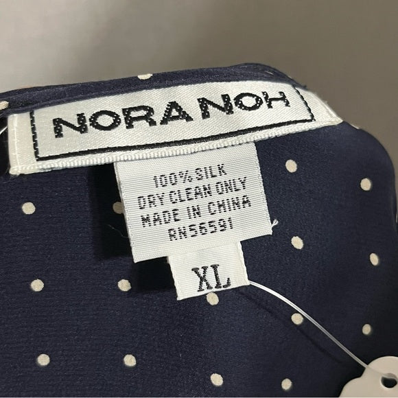 Nora Noh Navy 100% Silk Polka Dot Short Sleeve Blouse Sz-XL