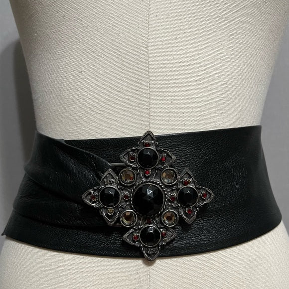 Black Leather With Silver Metal Jewel Buckle Wide Belt Sz-Small/Medium