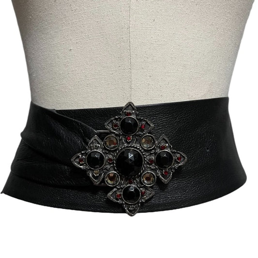 Black Leather With Silver Metal Jewel Buckle Wide Belt Sz-Small/Medium