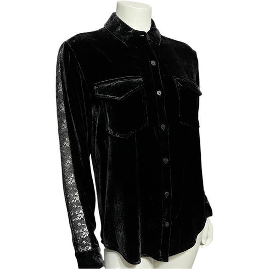 he Kooples Black Velvet Lace Sleeves Shirt Sz-XS