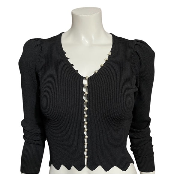 Sandro Paris Black Ribbed Pearl Button V-Neck Sz-0