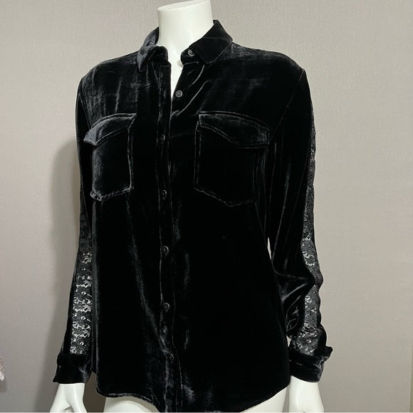 he Kooples Black Velvet Lace Sleeves Shirt Sz-XS