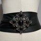 Black Leather With Silver Metal Jewel Buckle Wide Belt Sz-Small/Medium