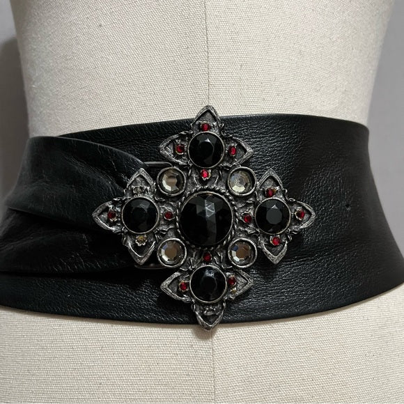 Black Leather With Silver Metal Jewel Buckle Wide Belt Sz-Small/Medium