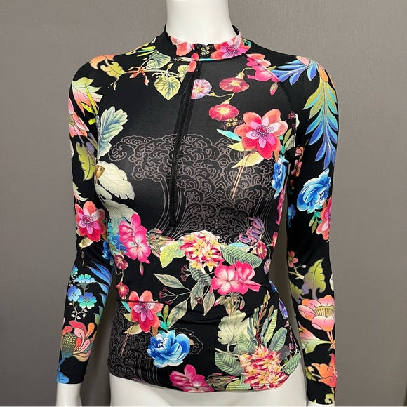 Johnny Was Activewear Multicolored Floral Zip Up Top Sz-XS