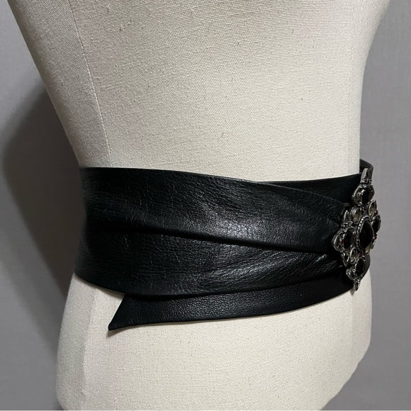 Black Leather With Silver Metal Jewel Buckle Wide Belt Sz-Small/Medium