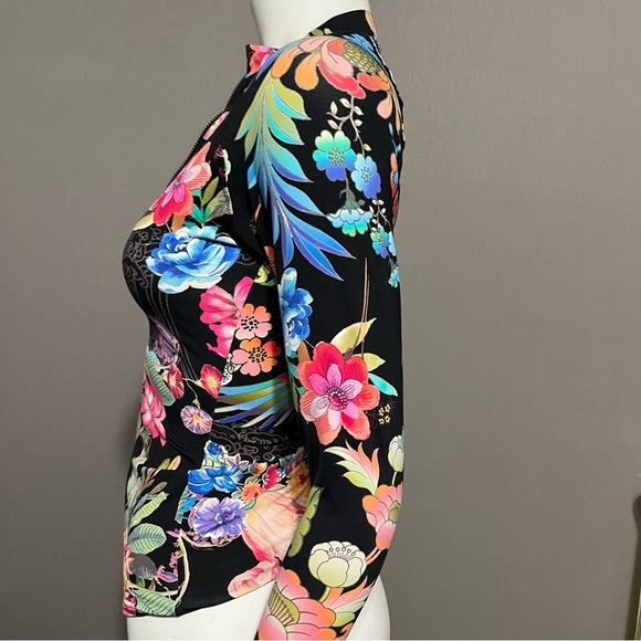 Johnny Was Activewear Multicolored Floral Zip Up Top Sz-XS