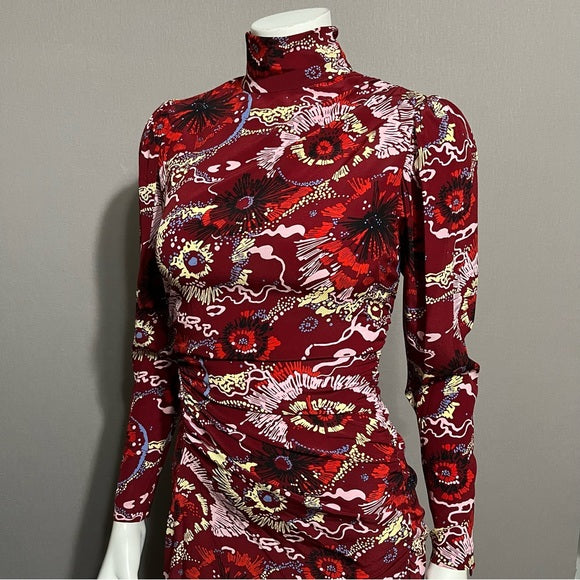 A.L.C Silk Burgundy Printed Zip Front Dress Sz-0