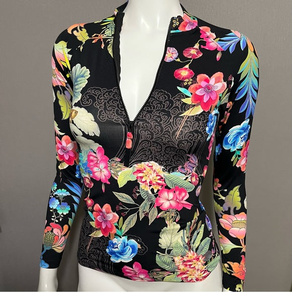 Johnny Was Activewear Multicolored Floral Zip Up Top Sz-XS