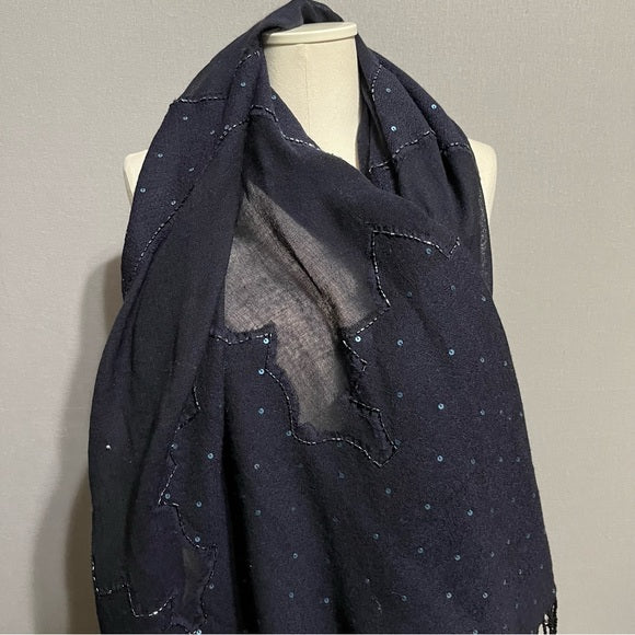 Navy Blue Sequin Beaded Scarf