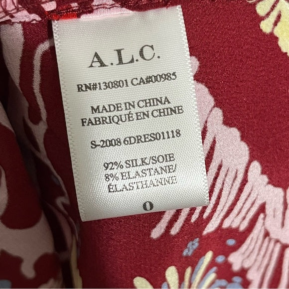 A.L.C Silk Burgundy Printed Zip Front Dress Sz-0