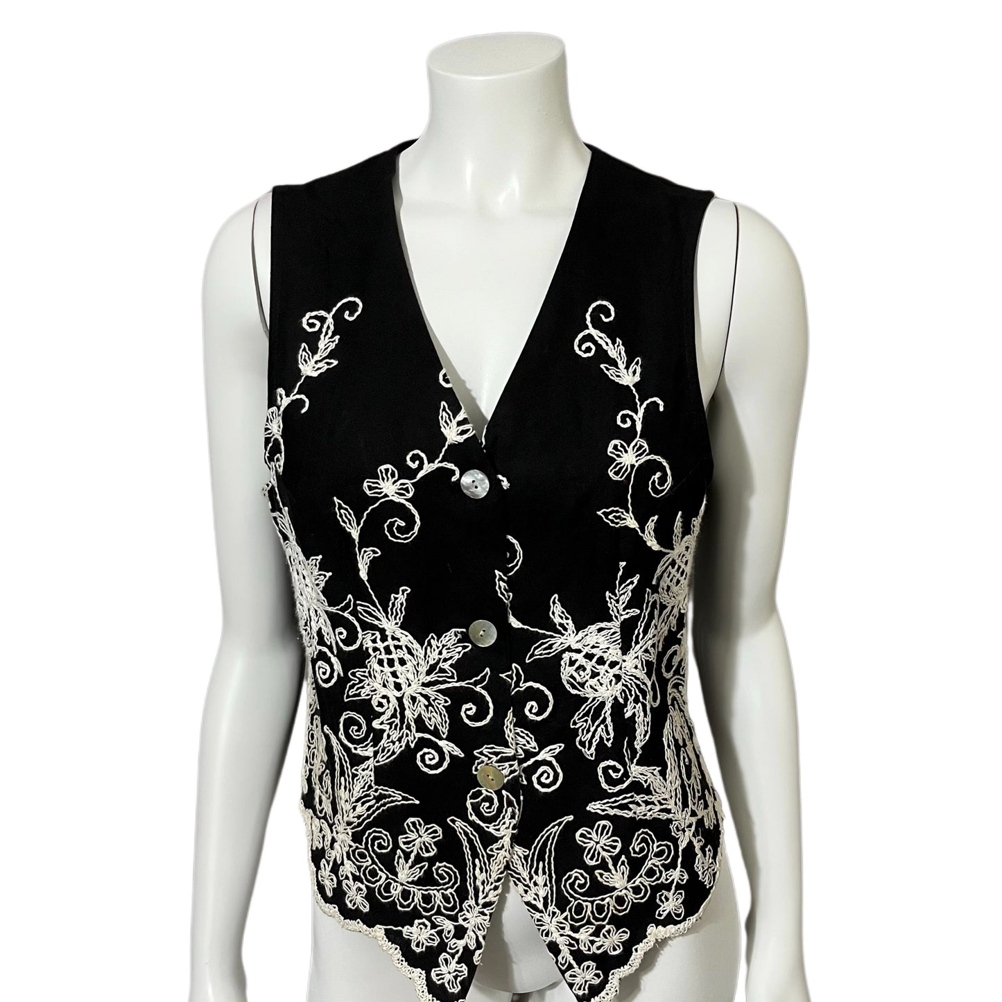 Vintage Sophisticates Black Embroidered Cotton Vest Sz-Small